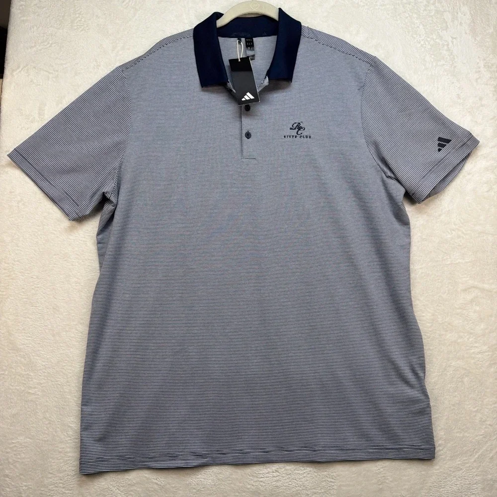 Adidas Golf Polo Shirt Mens XL Blue Striped Performance River Club Logo‎